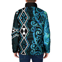 Turquoise Aotearoa Padded Jacket Taniko Motifs With Paua Shell Kowhaiwhai - Polynesian Pride