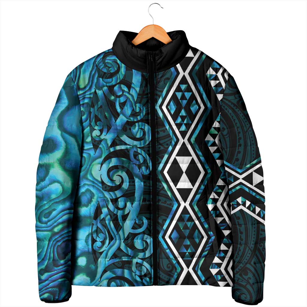 Turquoise Aotearoa Padded Jacket Taniko Motifs With Paua Shell Kowhaiwhai - Polynesian Pride