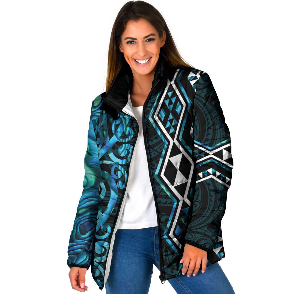 Turquoise Aotearoa Padded Jacket Taniko Motifs With Paua Shell Kowhaiwhai - Polynesian Pride
