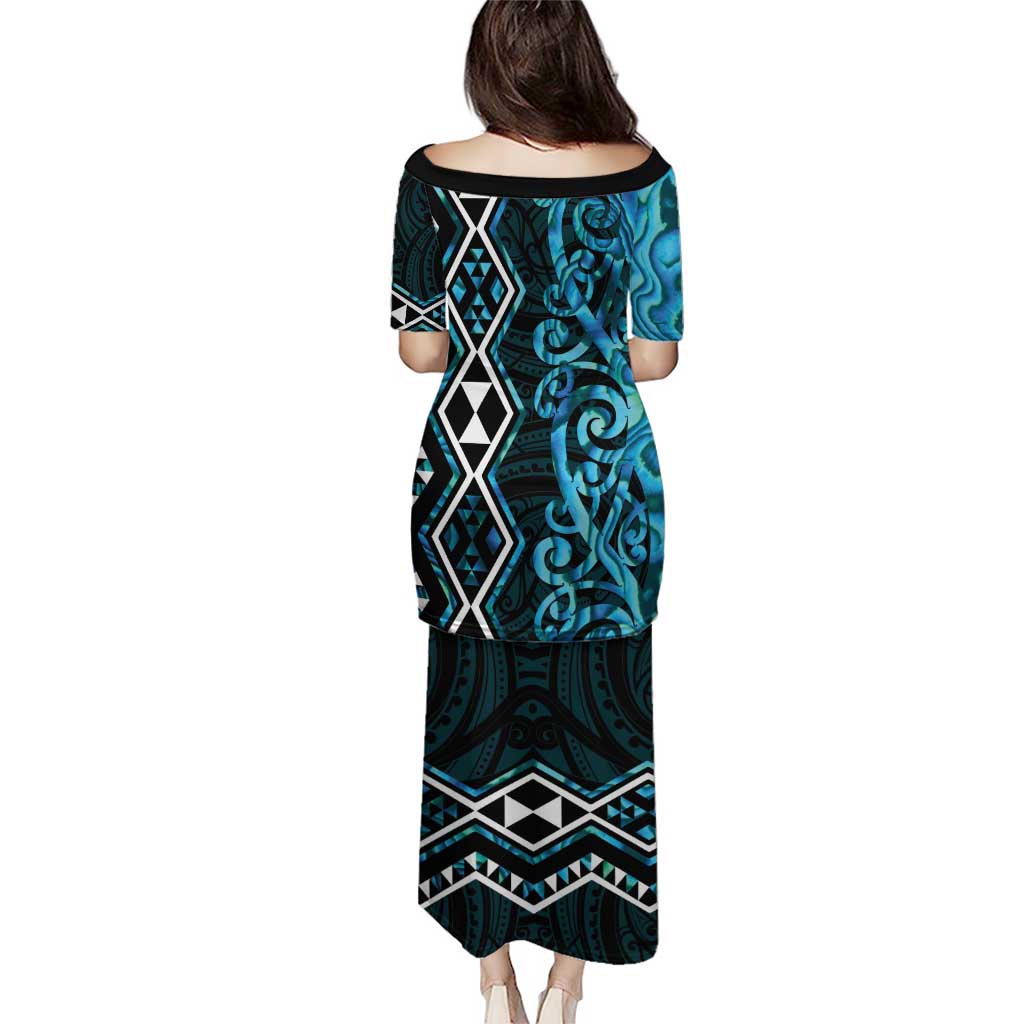 Turquoise Aotearoa Puletasi Taniko Motifs With Paua Shell Kowhaiwhai