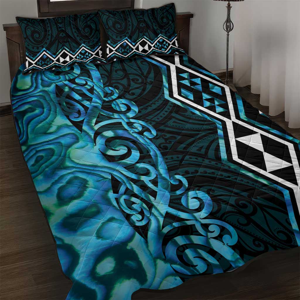 Turquoise Aotearoa Quilt Bed Set Taniko Motifs With Paua Shell Kowhaiwhai