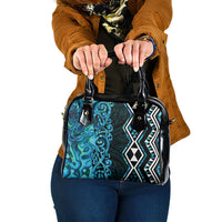 Turquoise Aotearoa Shoulder Handbag Taniko Motifs With Paua Shell Kowhaiwhai