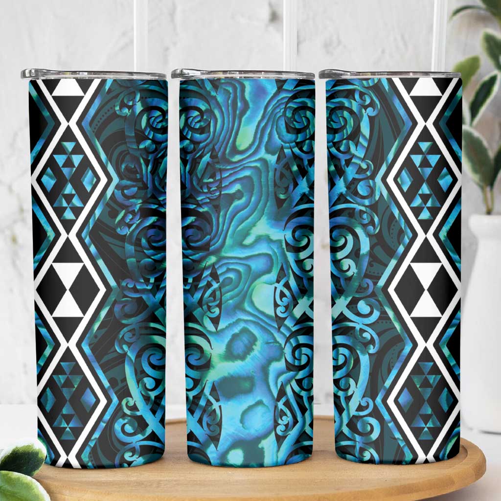 Turquoise Aotearoa Skinny Tumbler Taniko Motifs With Paua Shell Kowhaiwhai LT14 - Polynesian Pride