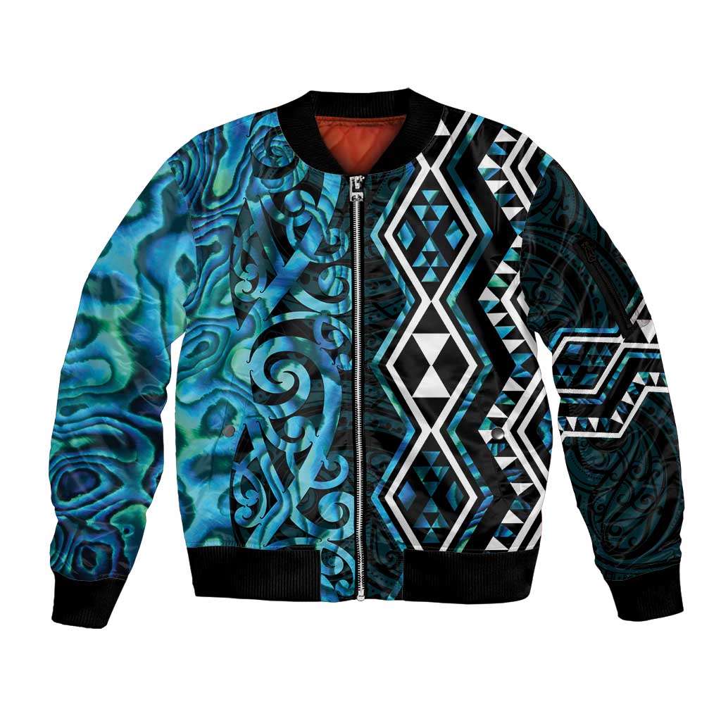 Turquoise Aotearoa Sleeve Zip Bomber Jacket Taniko Motifs With Paua Shell Kowhaiwhai