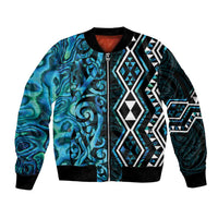 Turquoise Aotearoa Sleeve Zip Bomber Jacket Taniko Motifs With Paua Shell Kowhaiwhai