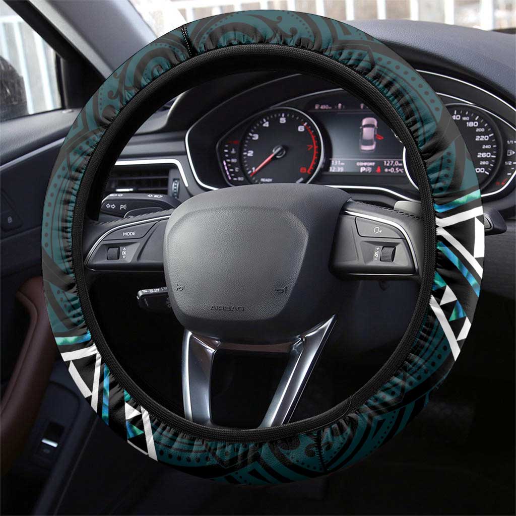 Turquoise Aotearoa Steering Wheel Cover Taniko Motifs With Paua Shell Kowhaiwhai
