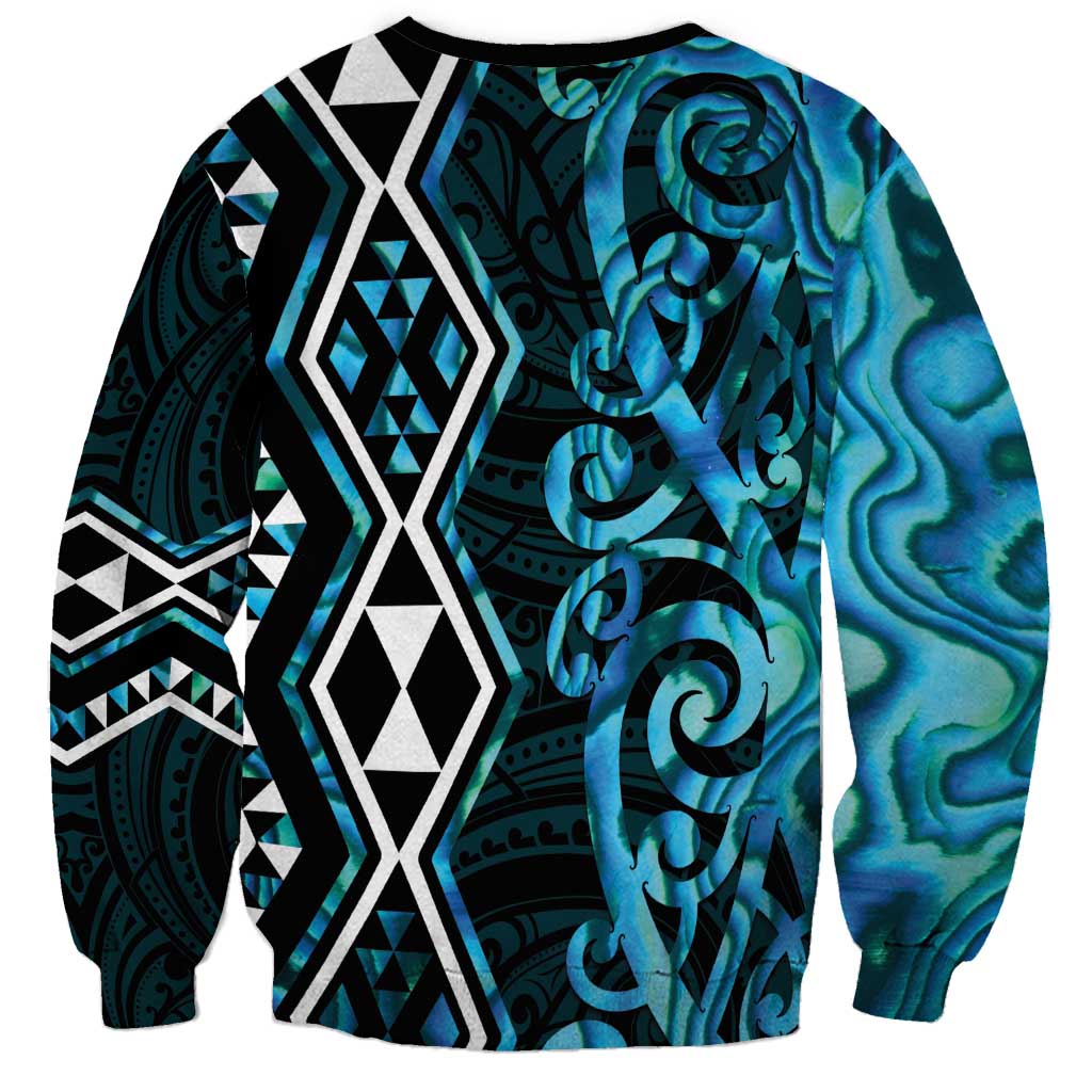 Turquoise Aotearoa Sweatshirt Taniko Motifs With Paua Shell Kowhaiwhai