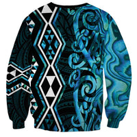 Turquoise Aotearoa Sweatshirt Taniko Motifs With Paua Shell Kowhaiwhai