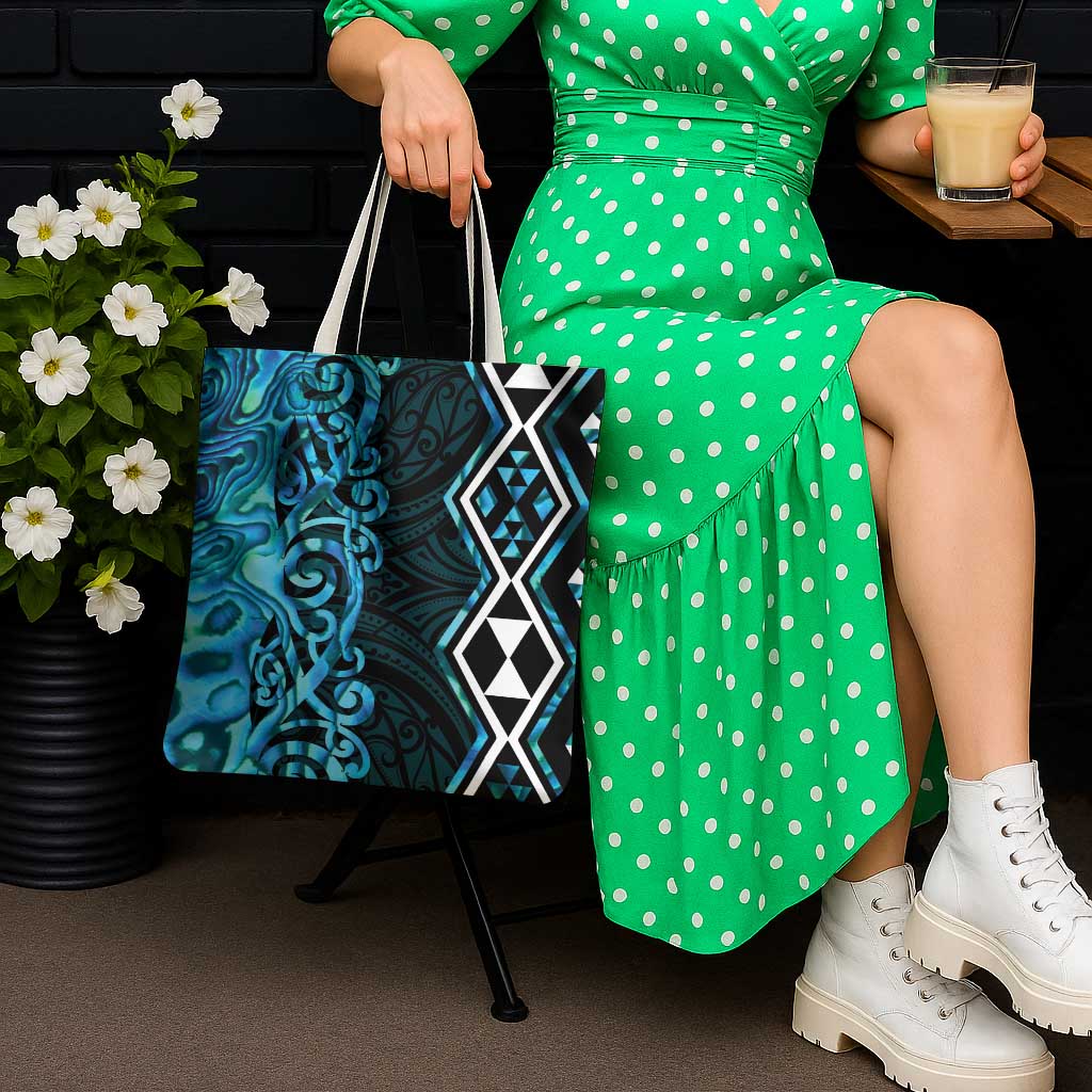 Turquoise Aotearoa Tote Bag Taniko Motifs With Paua Shell Kowhaiwhai - Polynesian Pride