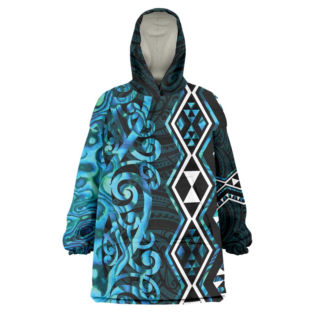 Turquoise Aotearoa Wearable Blanket Hoodie Taniko Motifs With Paua Shell Kowhaiwhai
