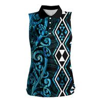Turquoise Aotearoa Women Sleeveless Polo Shirt Taniko Motifs With Paua Shell Kowhaiwhai LT14 Female Turquoise - Polynesian Pride