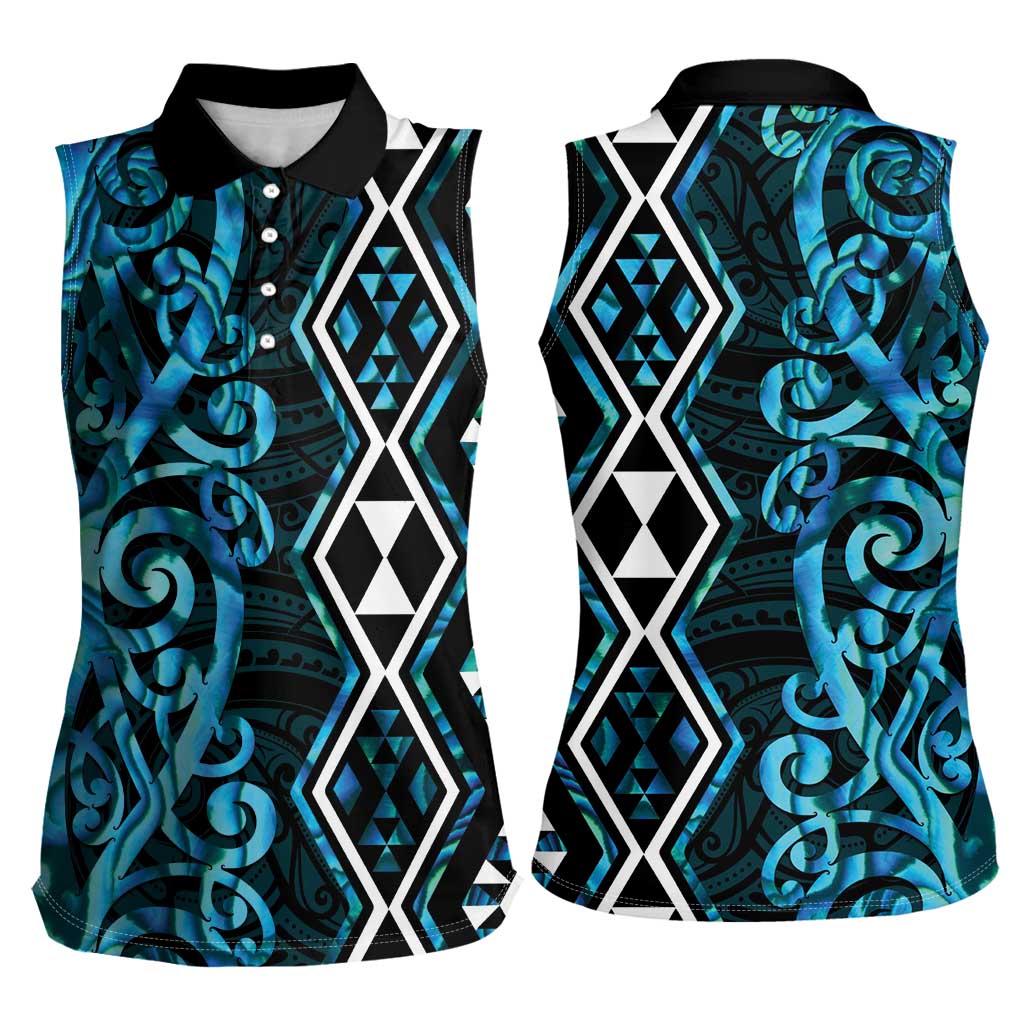 Turquoise Aotearoa Women Sleeveless Polo Shirt Taniko Motifs With Paua Shell Kowhaiwhai LT14 - Polynesian Pride