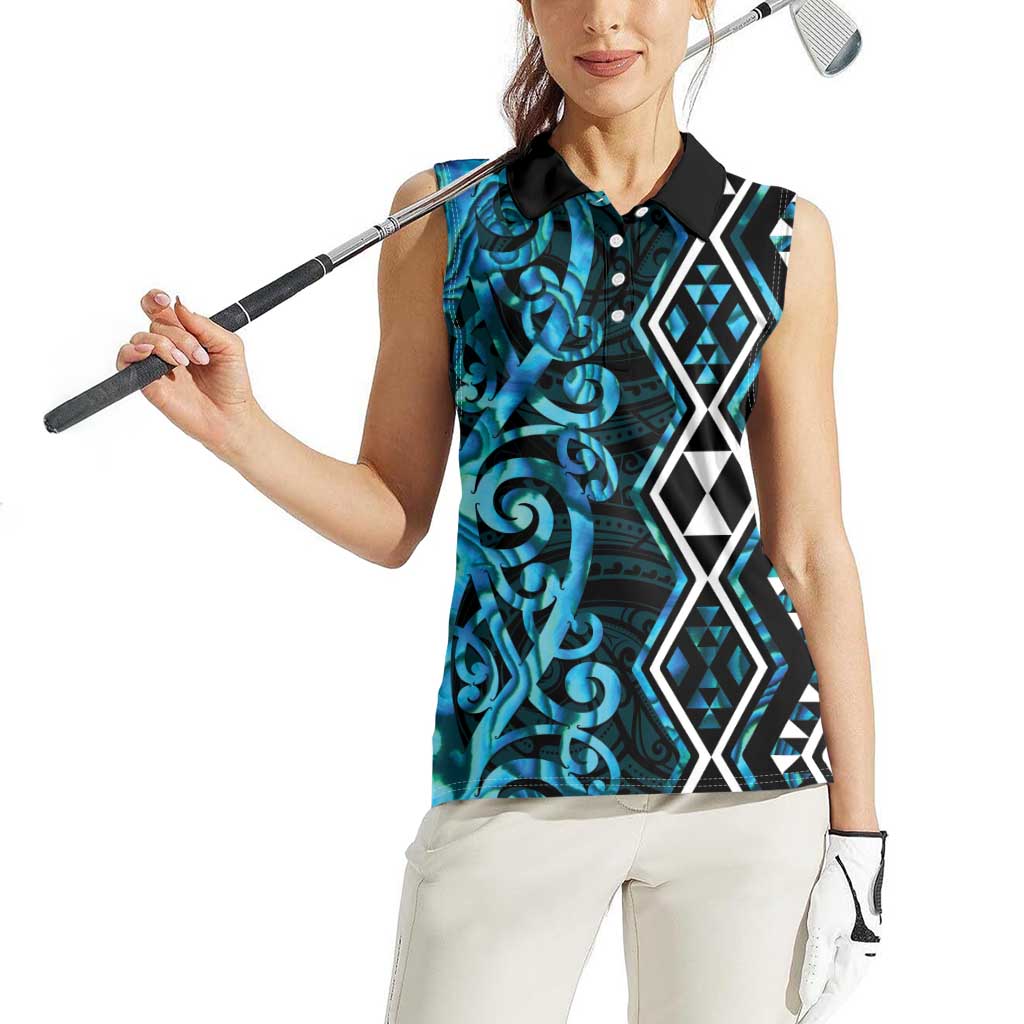 Turquoise Aotearoa Women Sleeveless Polo Shirt Taniko Motifs With Paua Shell Kowhaiwhai LT14 - Polynesian Pride