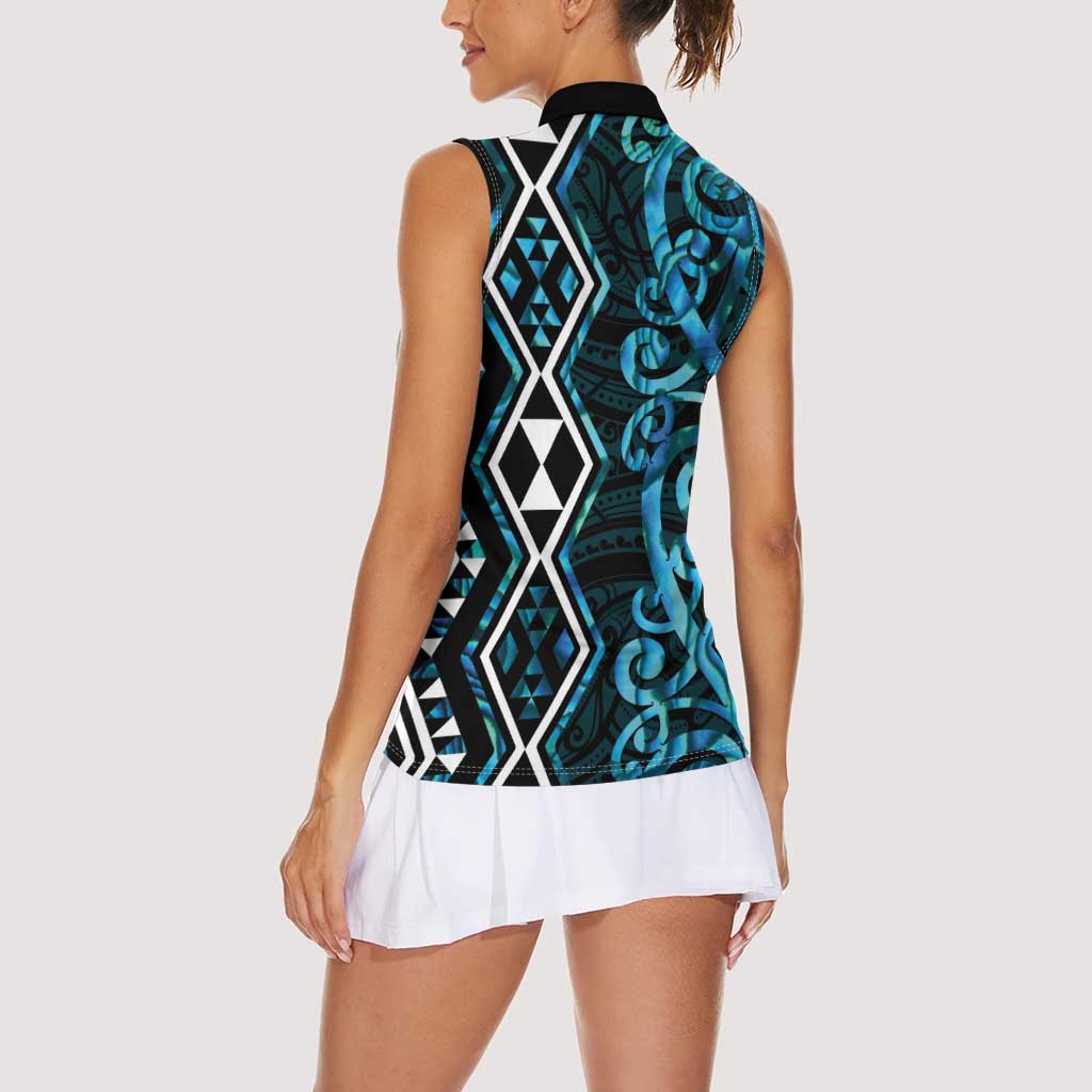 Turquoise Aotearoa Women Sleeveless Polo Shirt Taniko Motifs With Paua Shell Kowhaiwhai LT14 - Polynesian Pride