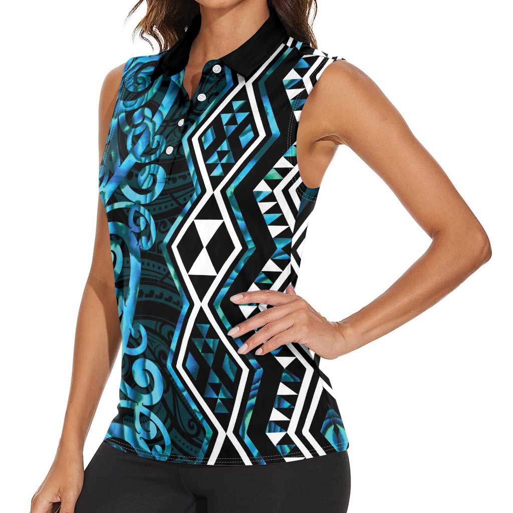Turquoise Aotearoa Women Sleeveless Polo Shirt Taniko Motifs With Paua Shell Kowhaiwhai LT14 - Polynesian Pride