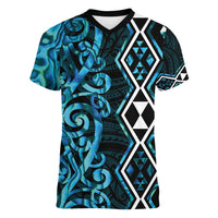 Turquoise Aotearoa Women V-Neck T-Shirt Taniko Motifs With Paua Shell Kowhaiwhai LT14 Female Turquoise - Polynesian Pride