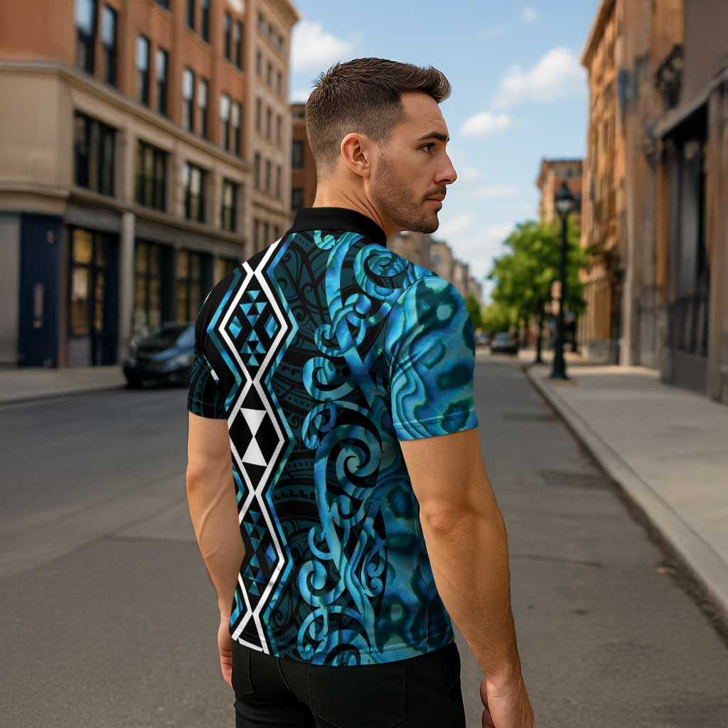 Turquoise Aotearoa Zipper Polo Shirt Taniko Motifs With Paua Shell Kowhaiwhai - Polynesian Pride
