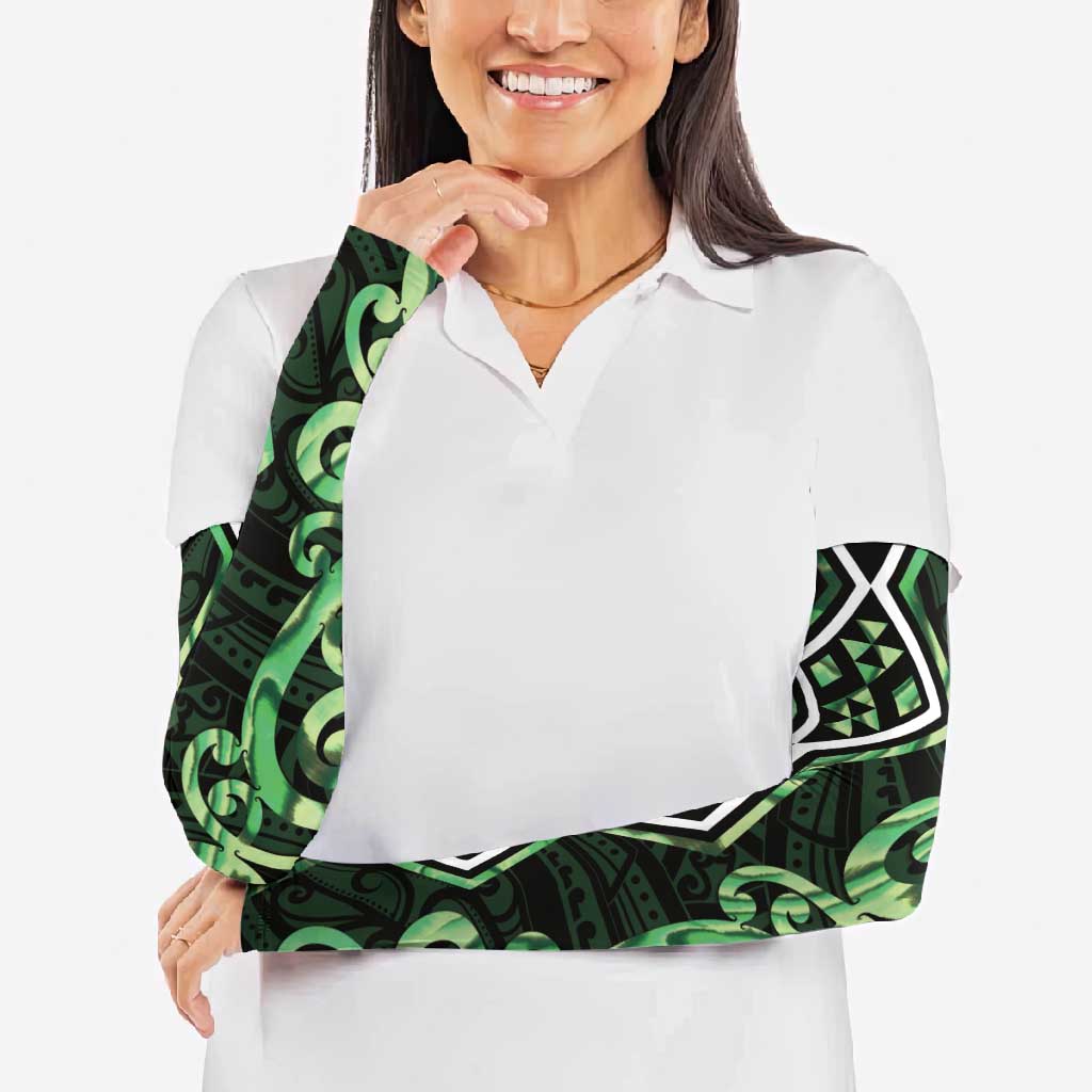 Green Aotearoa Arm Sleeves Taniko Motifs With Paua Shell Kowhaiwhai - Polynesian Pride