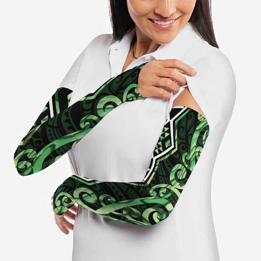 Green Aotearoa Arm Sleeves Taniko Motifs With Paua Shell Kowhaiwhai - Polynesian Pride