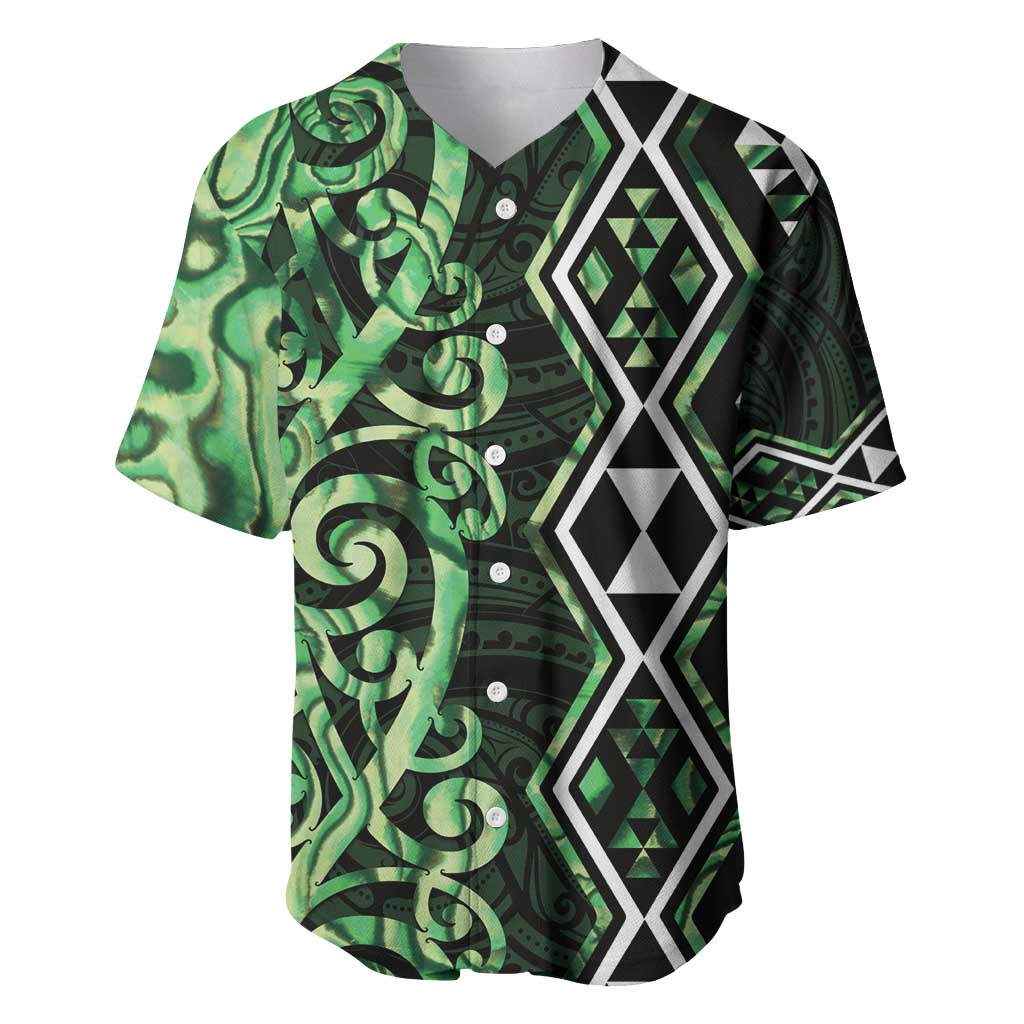 Green Aotearoa Baseball Jersey Taniko Motifs With Paua Shell Kowhaiwhai LT14 Green - Polynesian Pride