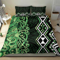 Green Aotearoa Bedding Set Taniko Motifs With Paua Shell Kowhaiwhai