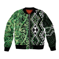Green Aotearoa Bomber Jacket Taniko Motifs With Paua Shell Kowhaiwhai