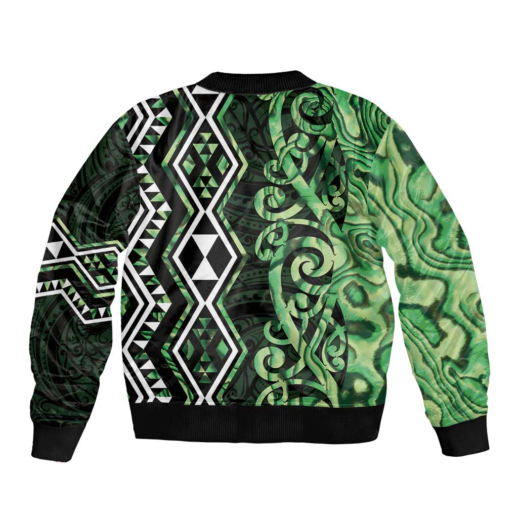 Green Aotearoa Bomber Jacket Taniko Motifs With Paua Shell Kowhaiwhai