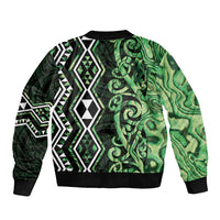Green Aotearoa Bomber Jacket Taniko Motifs With Paua Shell Kowhaiwhai