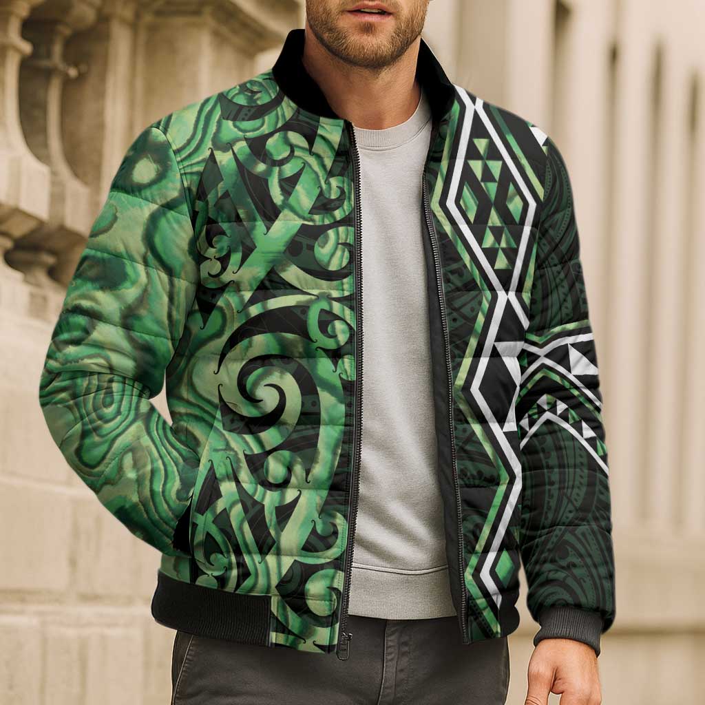 Green Aotearoa Bomber Puffer Jacket Taniko Motifs With Paua Shell Kowhaiwhai - Polynesian Pride