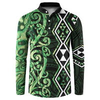 Green Aotearoa Button Sweatshirt Taniko Motifs With Paua Shell Kowhaiwhai