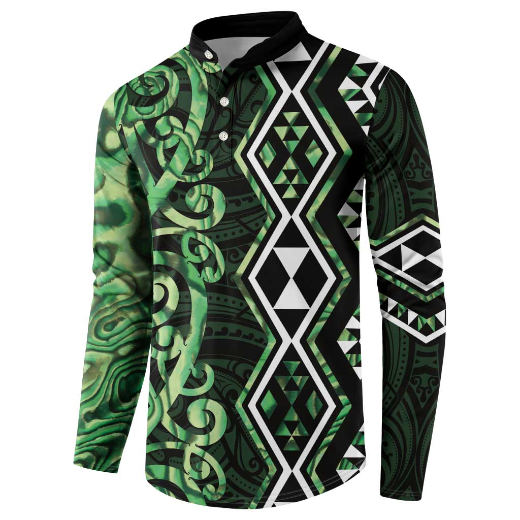 Green Aotearoa Button Sweatshirt Taniko Motifs With Paua Shell Kowhaiwhai