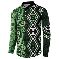 Green Aotearoa Button Sweatshirt Taniko Motifs With Paua Shell Kowhaiwhai