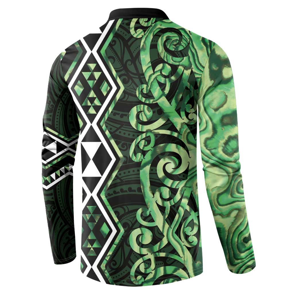 Green Aotearoa Button Sweatshirt Taniko Motifs With Paua Shell Kowhaiwhai
