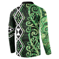 Green Aotearoa Button Sweatshirt Taniko Motifs With Paua Shell Kowhaiwhai