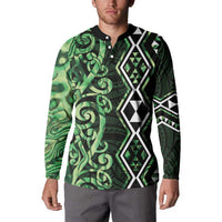 Green Aotearoa Button Sweatshirt Taniko Motifs With Paua Shell Kowhaiwhai
