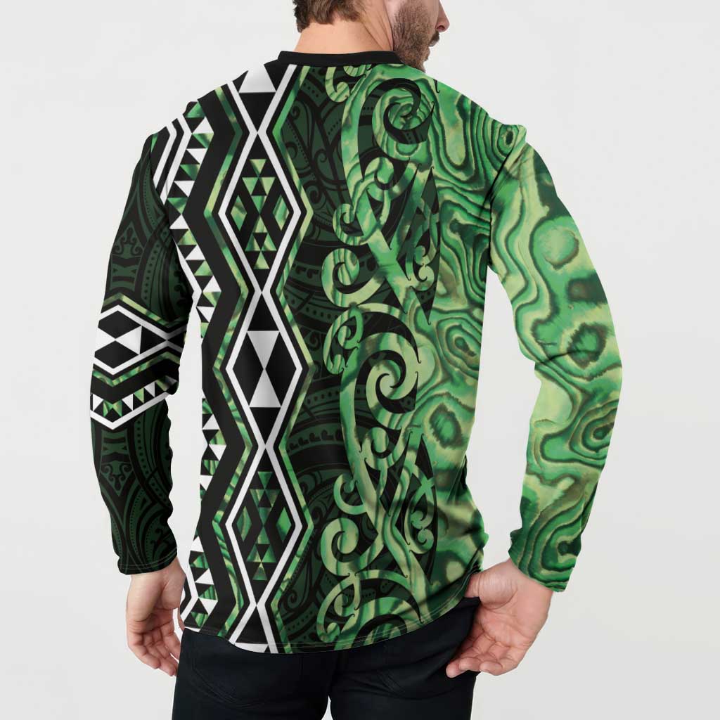 Green Aotearoa Button Sweatshirt Taniko Motifs With Paua Shell Kowhaiwhai