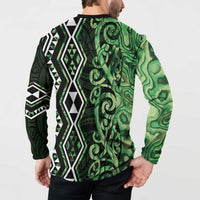 Green Aotearoa Button Sweatshirt Taniko Motifs With Paua Shell Kowhaiwhai