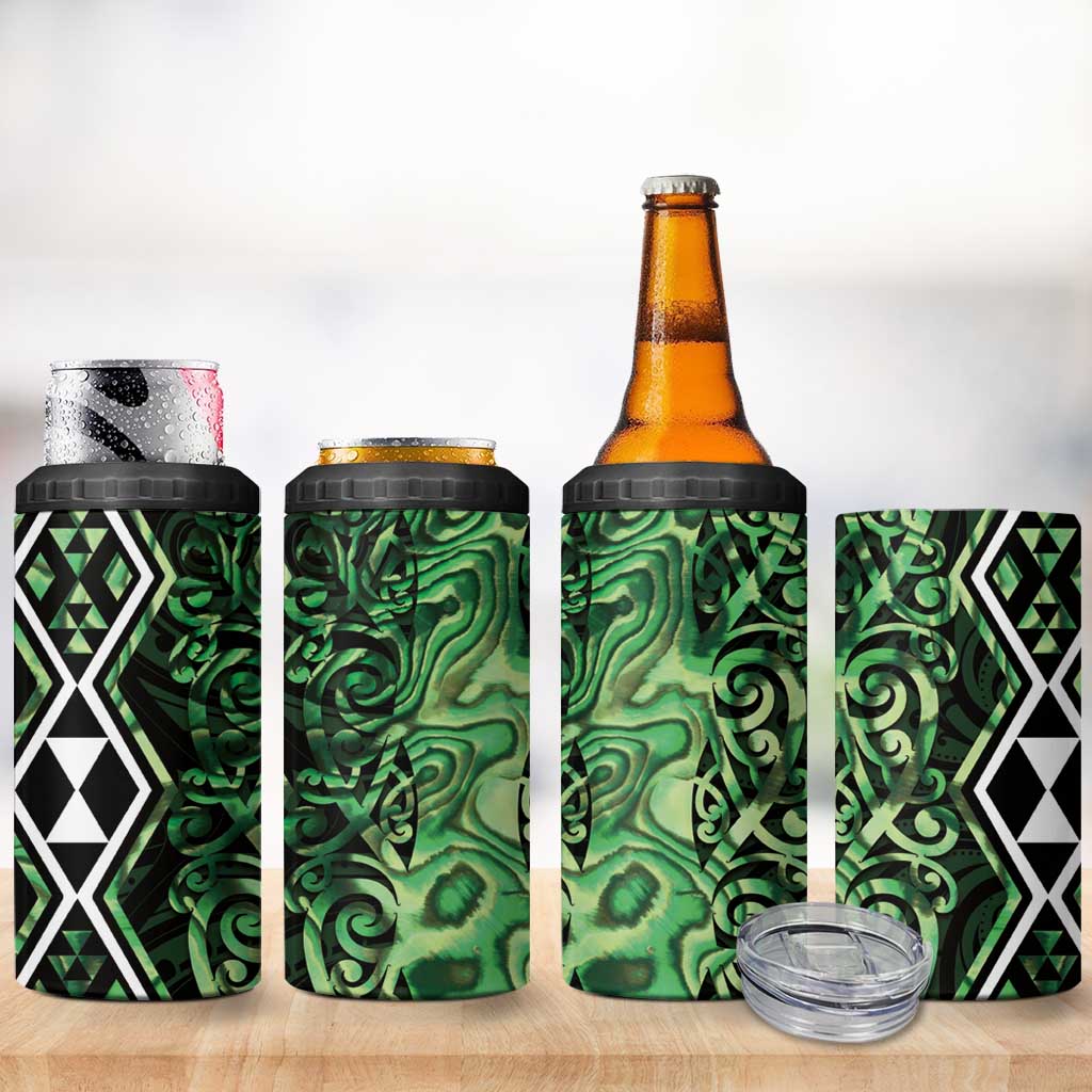 Green Aotearoa 4 in 1 Can Cooler Tumbler Taniko Motifs With Paua Shell Kowhaiwhai