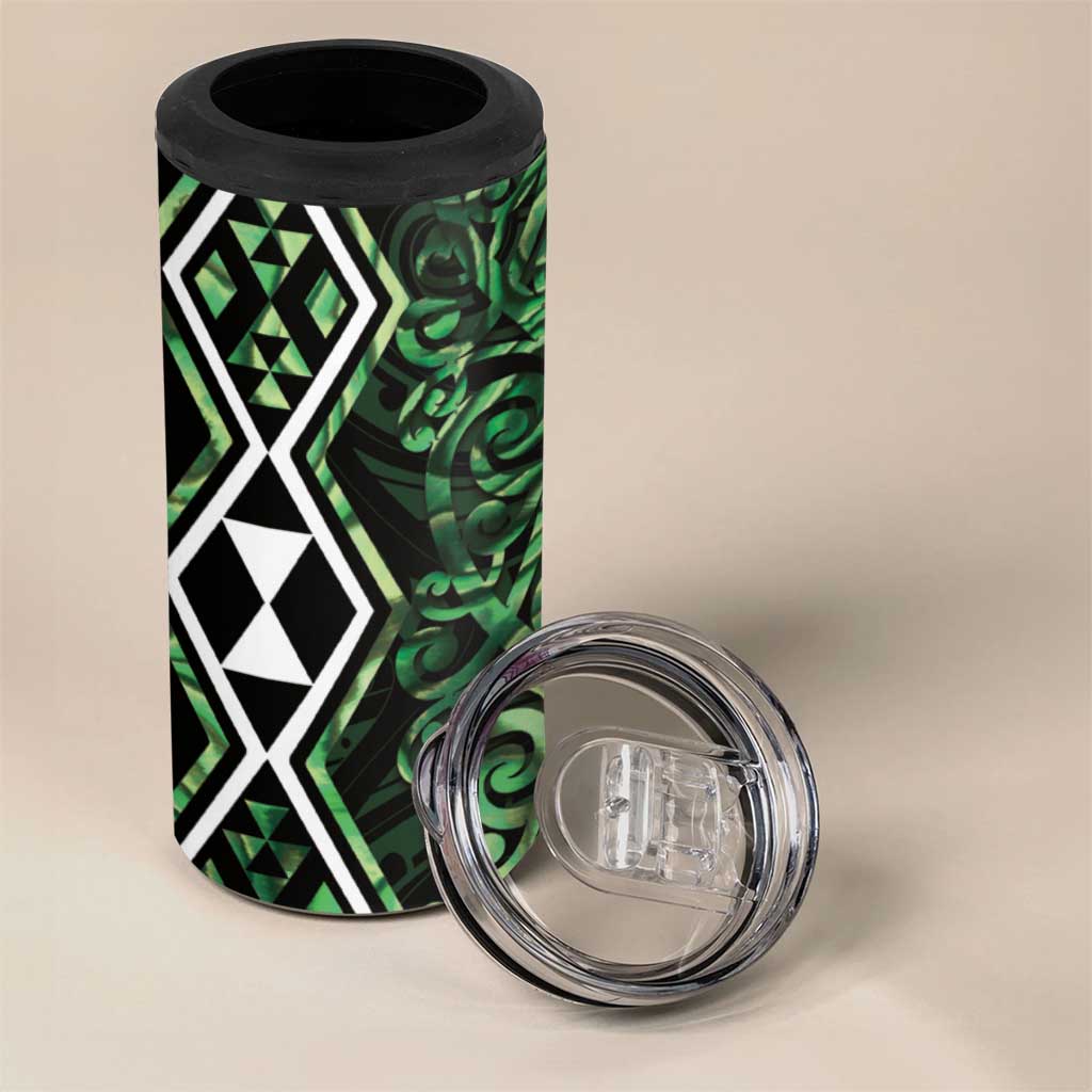 Green Aotearoa 4 in 1 Can Cooler Tumbler Taniko Motifs With Paua Shell Kowhaiwhai