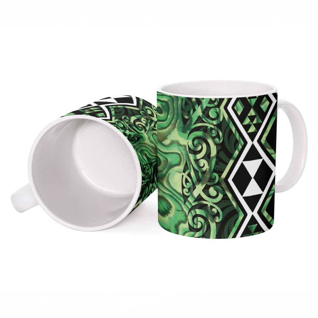 Green Aotearoa Ceramic Mug Taniko Motifs With Paua Shell Kowhaiwhai - Polynesian Pride