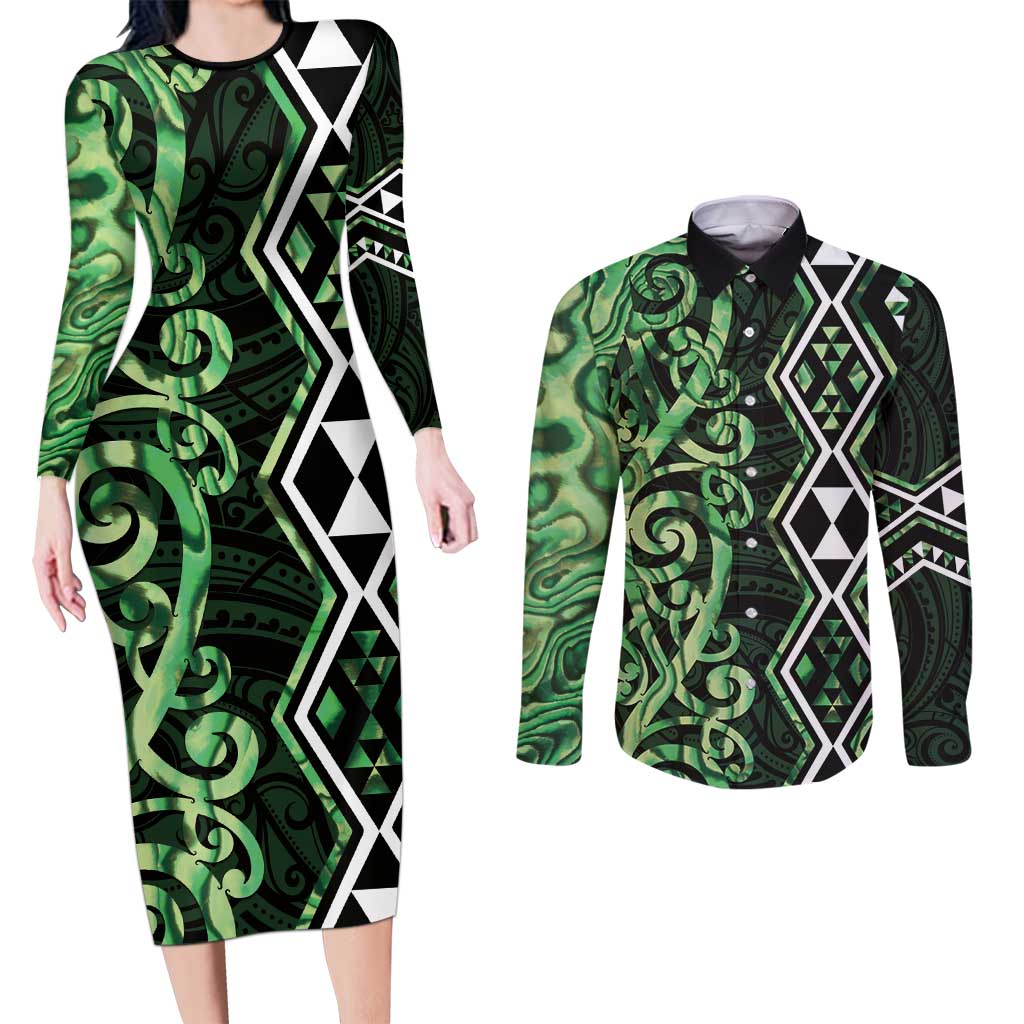 Green Aotearoa Couples Matching Long Sleeve Bodycon Dress and Long Sleeve Button Shirt Taniko Motifs With Paua Shell Kowhaiwhai LT14 Green - Polynesian Pride
