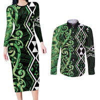 Green Aotearoa Couples Matching Long Sleeve Bodycon Dress and Long Sleeve Button Shirt Taniko Motifs With Paua Shell Kowhaiwhai LT14 Green - Polynesian Pride