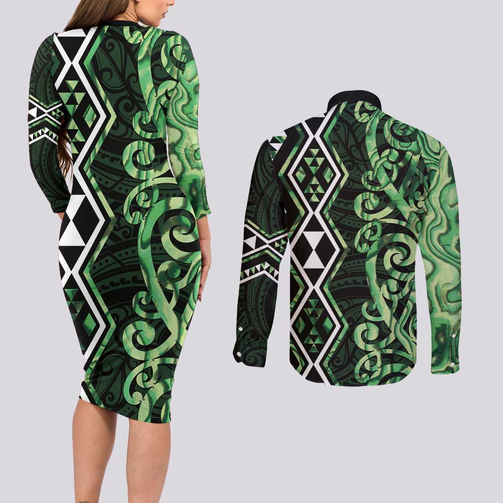 Green Aotearoa Couples Matching Long Sleeve Bodycon Dress and Long Sleeve Button Shirt Taniko Motifs With Paua Shell Kowhaiwhai LT14 - Polynesian Pride