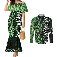 Green Aotearoa Couples Matching Mermaid Dress and Long Sleeve Button Shirt Taniko Motifs With Paua Shell Kowhaiwhai LT14 Green - Polynesian Pride