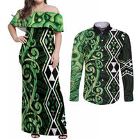 Green Aotearoa Couples Matching Off Shoulder Maxi Dress and Long Sleeve Button Shirt Taniko Motifs With Paua Shell Kowhaiwhai LT14 Green - Polynesian Pride