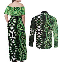 Green Aotearoa Couples Matching Off Shoulder Maxi Dress and Long Sleeve Button Shirt Taniko Motifs With Paua Shell Kowhaiwhai LT14 - Polynesian Pride