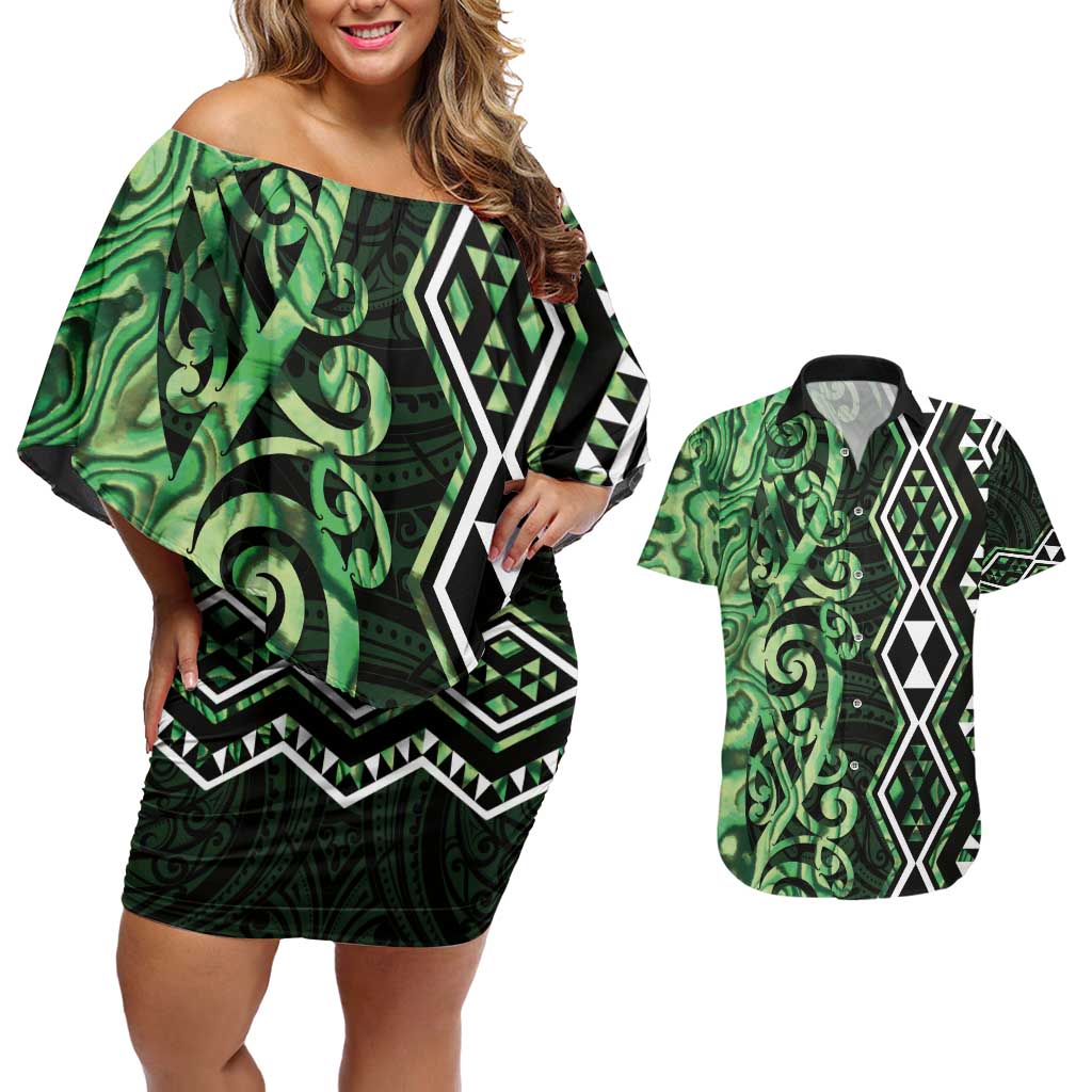 Green Aotearoa Couples Matching Off Shoulder Short Dress and Hawaiian Shirt Taniko Motifs With Paua Shell Kowhaiwhai LT14 Green - Polynesian Pride