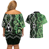 Green Aotearoa Couples Matching Off Shoulder Short Dress and Hawaiian Shirt Taniko Motifs With Paua Shell Kowhaiwhai LT14 - Polynesian Pride