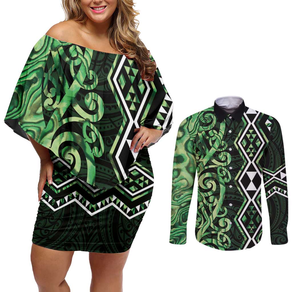 Green Aotearoa Couples Matching Off Shoulder Short Dress and Long Sleeve Button Shirt Taniko Motifs With Paua Shell Kowhaiwhai LT14 Green - Polynesian Pride