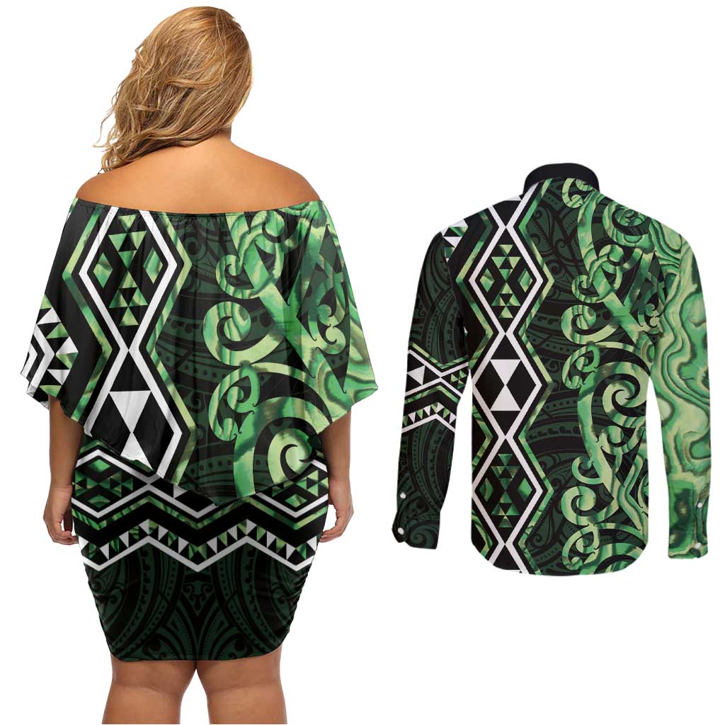 Green Aotearoa Couples Matching Off Shoulder Short Dress and Long Sleeve Button Shirt Taniko Motifs With Paua Shell Kowhaiwhai LT14 - Polynesian Pride